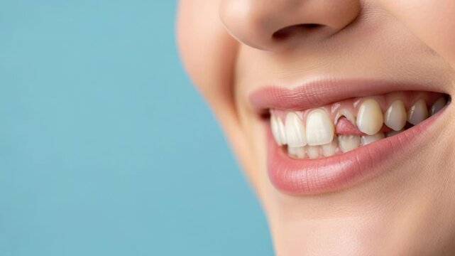 Close up of a female smile revealing a severely broken front tooth against a blue background, dental trauma and dentistry concept.