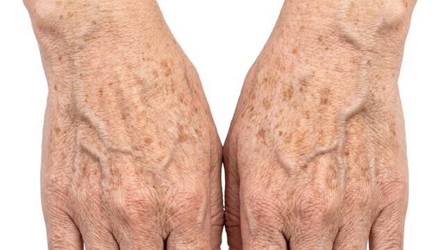 Close-up of elderly hands showing prominent veins, age spots, and thinning skin