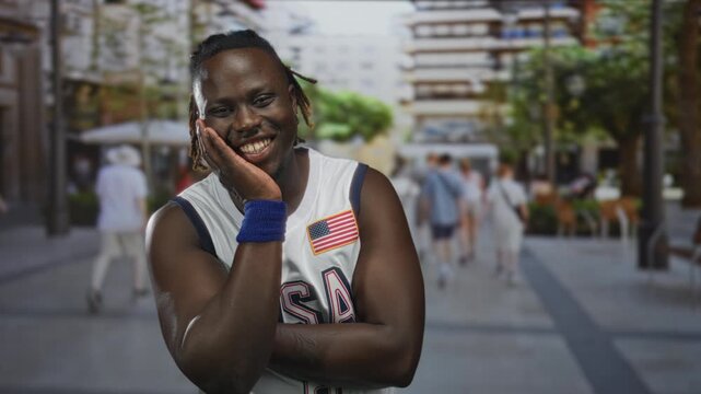 Man with hand on cheek smiling on street wearing usa basketball jersey and wristband; joyful confidence.