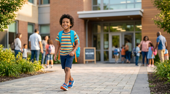 Happy young boy with backpack walking to school entrance on a sunny morning