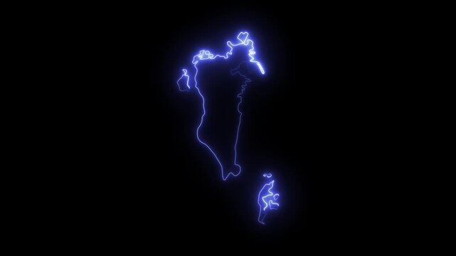 Bahrain map outline with glowing blue neon light effect on a dark black background animation