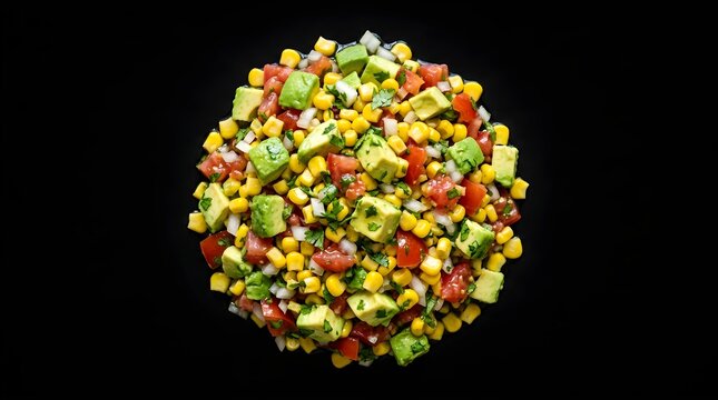 Fresh corn and avocado salsa salad isolated on black background