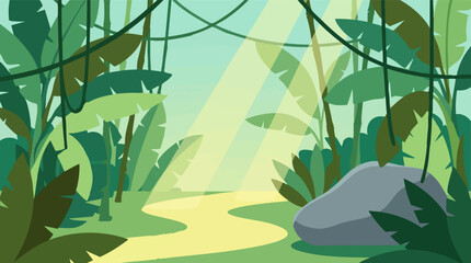 Obraz premium Cartoon jungle landscape with winding path, sunbeams, and lush foliage