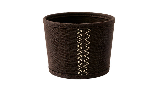 Dark brown felt cuff, handcrafted bohemian suede bracelet with beige zigzag stitch detail, tribal ethnic round bangle, earthy boho fashion accessory, isolated on white background