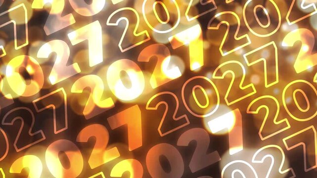Horizontal 4K video. Loop animation for social media. Fill and outline bold wave number 2027 moves diagonally on background with golden bokeh lights. Concept of Happy New Year, Christmas, winter event