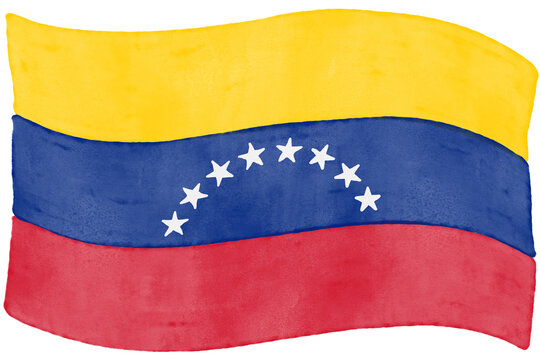 Hand drawn watercolor Venezuela flag with eight stars watercolor vector illustration isolated on white background. Handmade national flag drawing.