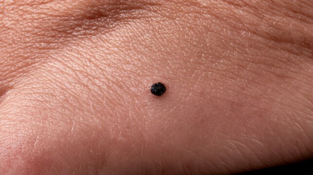 Mole or black nevus on the skin of the sole of the foot, close-up dermatology concept showing pigmented skin lesion, dark spot, health screening, and skin care concern