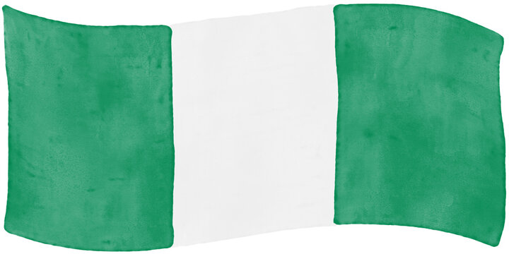 Hand drawn watercolor Nigeria green and white flag watercolor vector illustration isolated on white background. Handmade national flag drawing.