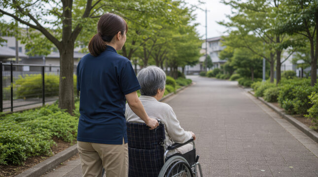 車椅子を押す介護スタッフとシニア女性 屋外散歩 写真
