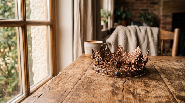 Vintage ornate gold crown with amber gems resting on rustic wooden table near window, symbolizing royalty, monarchy, power, and medieval history in a cozy cottage interior setting