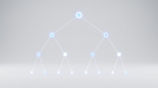 Glowing blue binary tree structure network diagram representing hierarchical data organization and algorithm logic, abstract technology for computer science programming database
