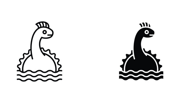 Loch Ness Monster vector icon isolated on white Black and white outline line art and solid glyph silhouette
