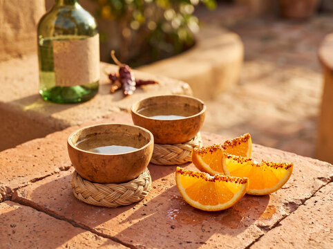 Traditional Mexican mezcal served in jicara gourds with spiced orange wedges on terracotta tiles outdoors