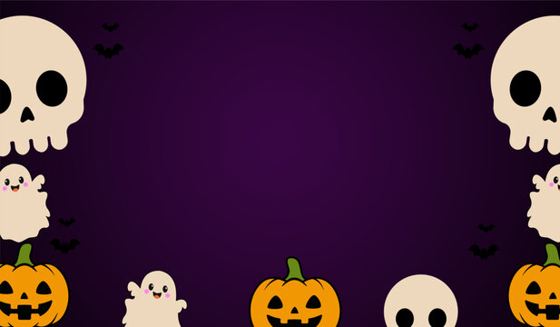 Halloween background with cute ghosts, skulls and pumpkins on purple backdrop