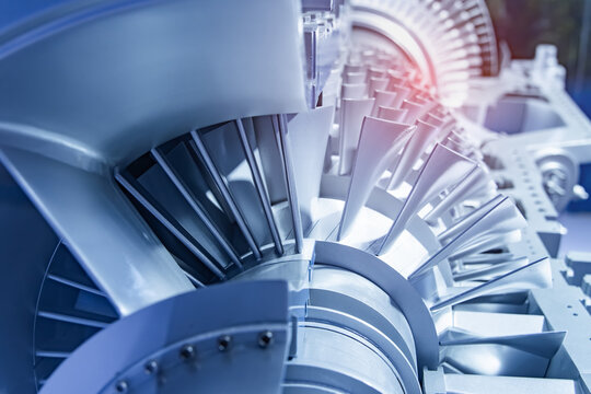 Model of turbine engine with longitudinal section for studying arrangement of blades and combustion chambers