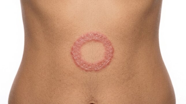 Close-up of a red scaly ring-shaped rash indicating tinea corporis or ringworm on human abdomen