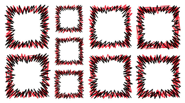 Set of hand drawn square frames with messy scribbled ink borders in black and pink colors for creative design projects