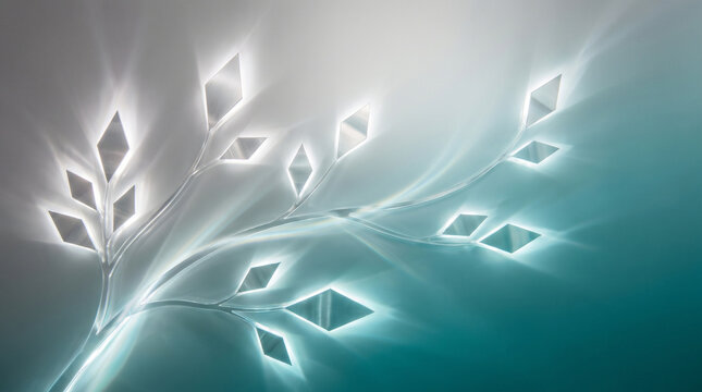 Abstract glowing diamond leaves on a soft teal background