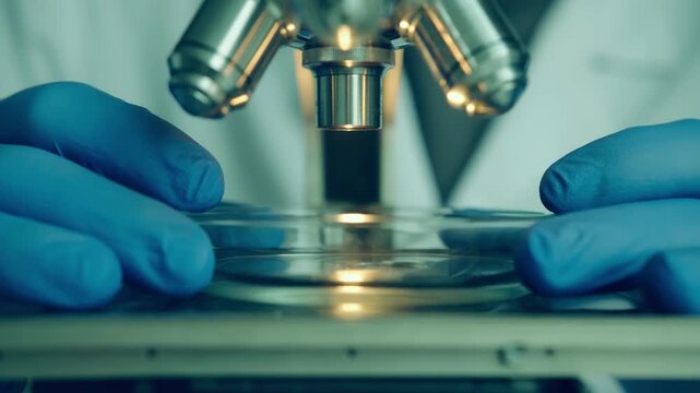 Scientist Hands Using Microscope in Laboratory 4K Close Up