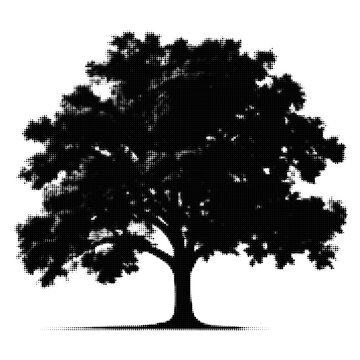 Black and white tree illustration with dotted leaves and roots illustration