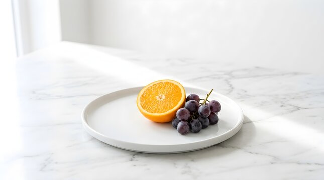 Fresh orange half and dark grapes on a white plate on a marble table.