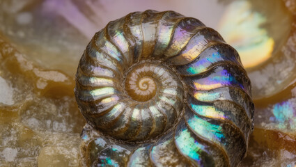 Fossil Ammonite Nacre Spiral Iridescent Texture Macro Close-Up, Natural Material Background Pattern © Ivan