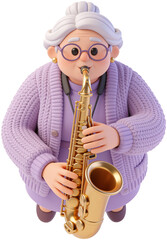 Fototapeta premium Cute 3D senior woman in a purple cardigan wearing glasses while playing a golden saxophone with passion