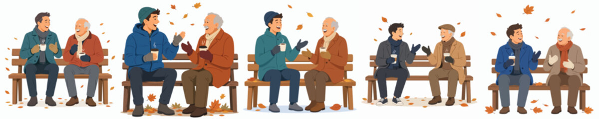 Fototapeta premium A flat vector illustration of a man and a elderly man sitting together on a park bench, talking outdoors in autumn while enjoying warm coffee