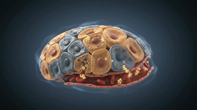 Pancreatic Islet Cells Producing Hormones, Scientific Animation of Endocrine Gland Function
