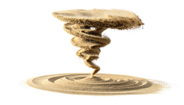 A dynamic tornado formed from fine sand, isolated on transparent background