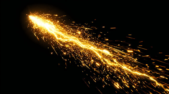 Bright golden fire sparks flying and exploding in the dark