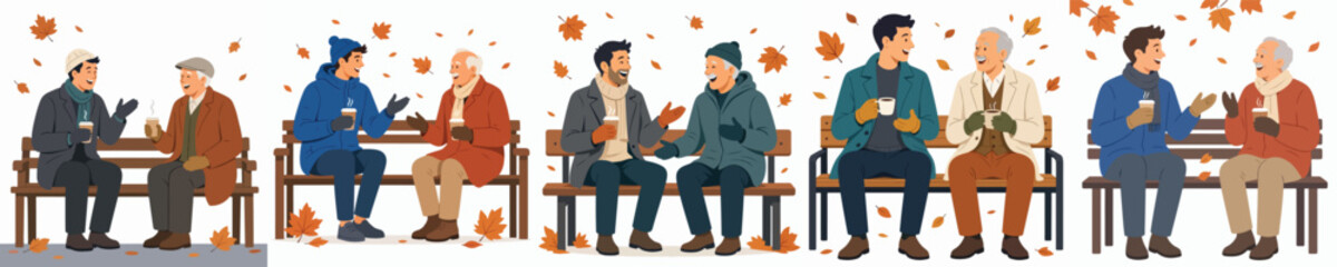 Obraz premium A flat vector illustration of a man and a elderly man sitting together on a park bench, talking outdoors in autumn while enjoying warm coffee