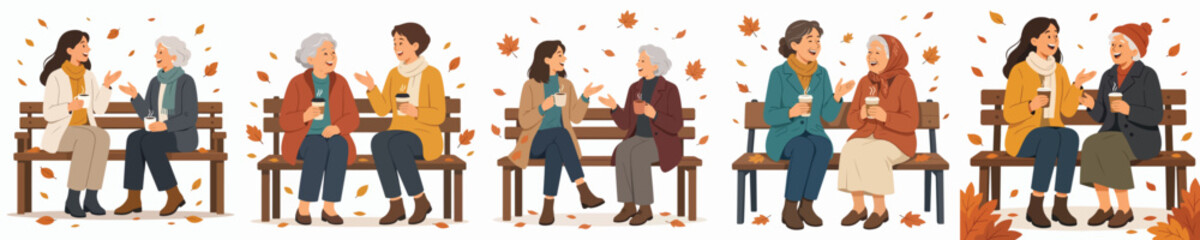 Fototapeta premium A flat vector illustration of a woman and a elderly woman sitting together on a park bench, talking outdoors in autumn while enjoying warm coffee