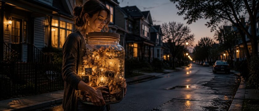 Woman holding a glowing glass jar filled with fairy lights, photos, and small mementos on a suburban street at dusk. Conceptual image of memory keeping, nostalgia, and cherished moments.