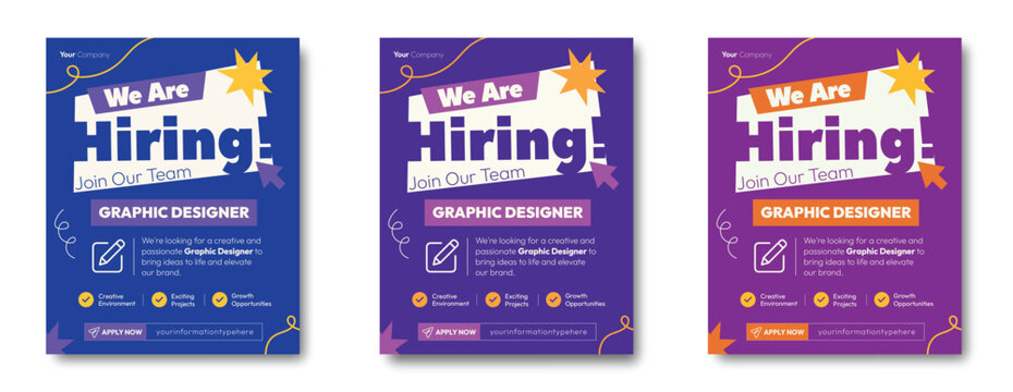 Colorful hiring recruitment posters for graphic designer job and career employment vacancy with creative typography, application details and bold shapes