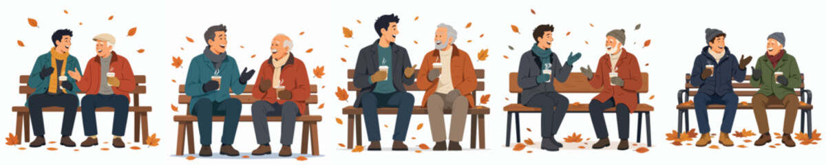 Fototapeta premium A flat vector illustration of a man and a elderly man sitting together on a park bench, talking outdoors in autumn while enjoying warm coffee