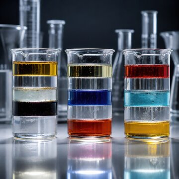 Three glass beakers containing multi-layered colorful liquids on table in scientific laboratory. Liquid density demonstration and chemistry experiment concept.