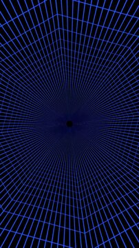 Blue grid tunnel spins during rapid forward flight in vertical video. Glowing perspective lines create a dark geometric passage with fast motion.