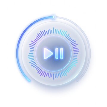 Futuristic illuminated audio player interface with play and pause buttons and visual equalizer