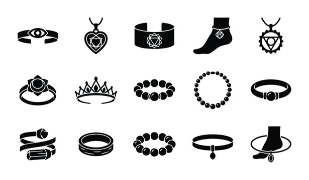 Vector Icons: Jewelry Collection, Rings, Necklaces, Bracelets, Anklets, Tiaras, Chokers