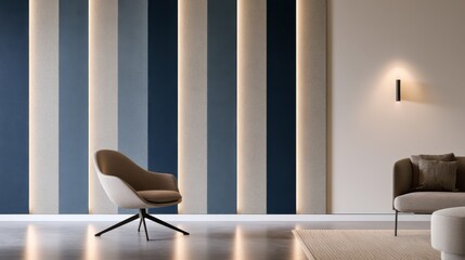Fototapeta premium Modern interior design with elegant striped accent wall and cozy armchair for contemporary living space