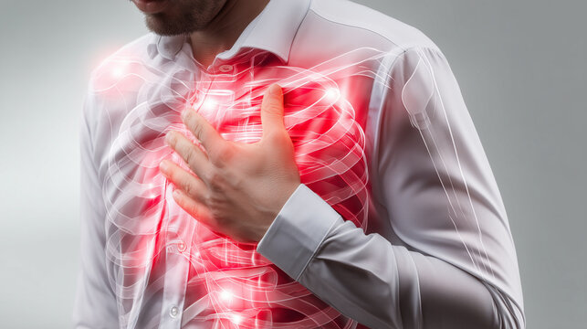 Man experiencing intense chest pain with a glowing anatomical rib cage and heart area, visualizing cardiovascular symptoms, cardiac health, medical diagnosis and emergency healthcare.