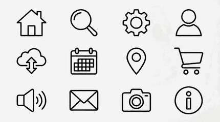 Fototapeta premium Industrial Style Black and White Line Icons Set Featuring Home Search Gear Person Cloud Calendar Location Shopping Cart Speaker Email Camera and Info Symbols