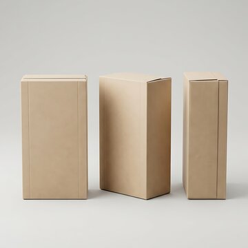 Three light green cardboard paper boxes standing in a row for product packaging design presentation. blank cereal box