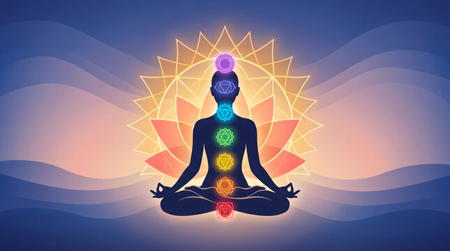 Meditation silhouette with glowing chakra points and lotus mandala for yoga banner concept.