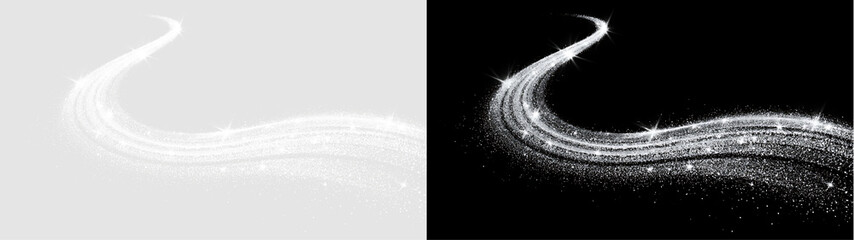 Silver sparkling glitter trail on transparent and black backgrounds. Magical stardust wave with glowing stars and light flares. Abstract festive design element © ALEXA