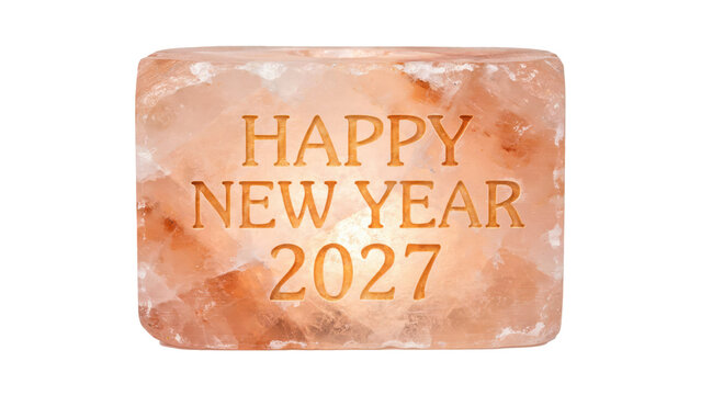 Rectangular himalayan salt lamp with engraved happy new year 2027 text isolated on a transparent background