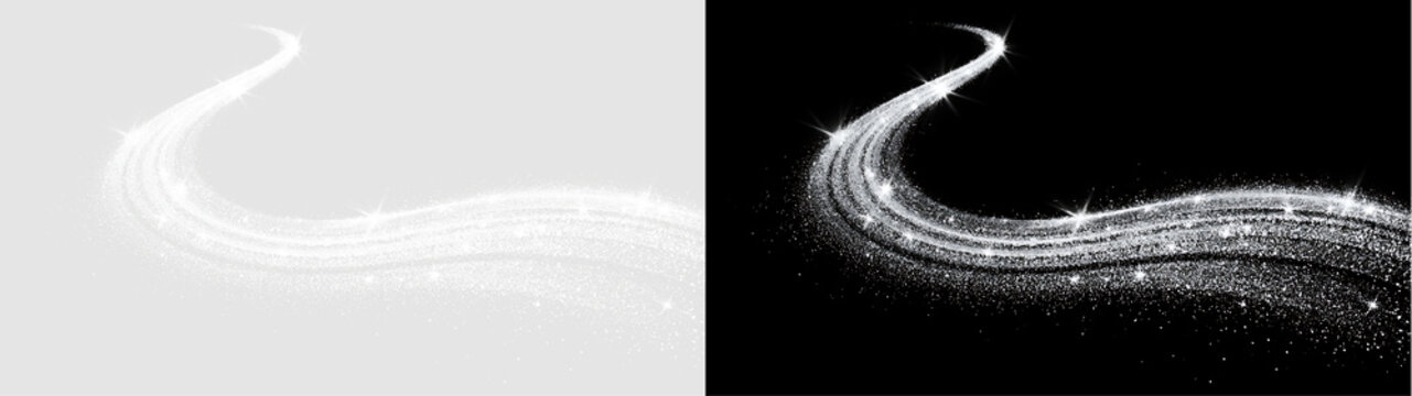 Silver sparkling glitter trail on transparent and black backgrounds. Magical stardust wave with glowing stars and light flares. Abstract festive design element