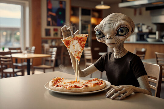Alien eating pizza at restaurant table indoors