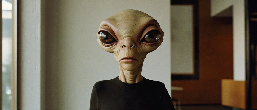 Martian head close up portrait wearing black shirt indoors